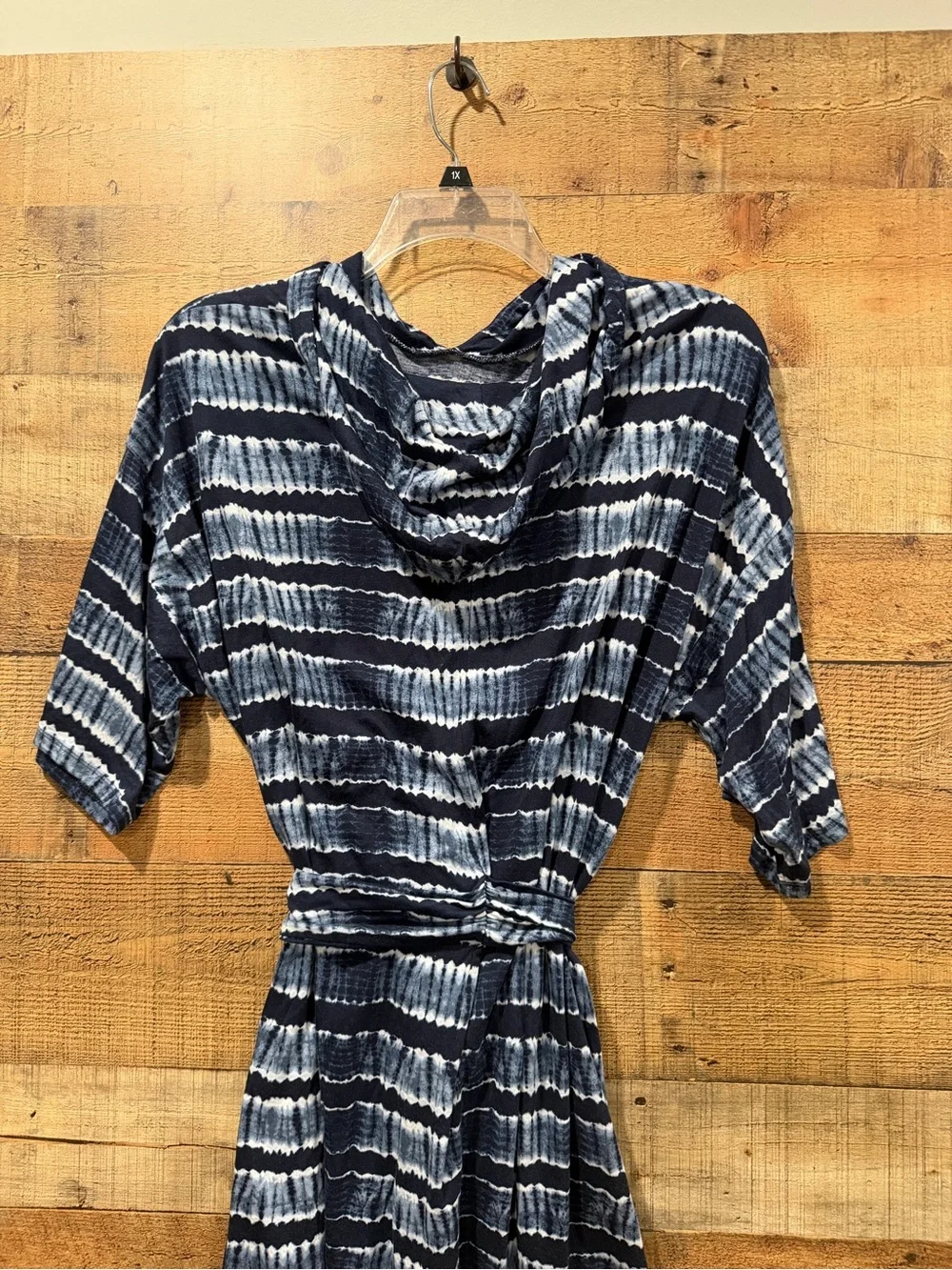 Michael Kors Navy & White Tie-Dye Hooded Belted Knee Length Dress Size 2X